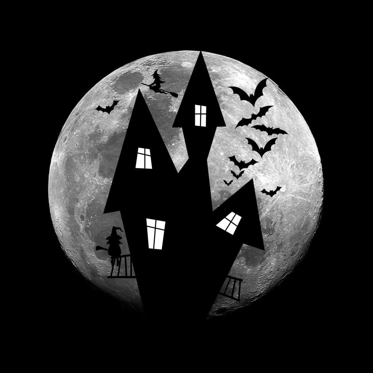 Halloween haunted house on full moon background. Black and white background. halloween night. happy halloween banner.