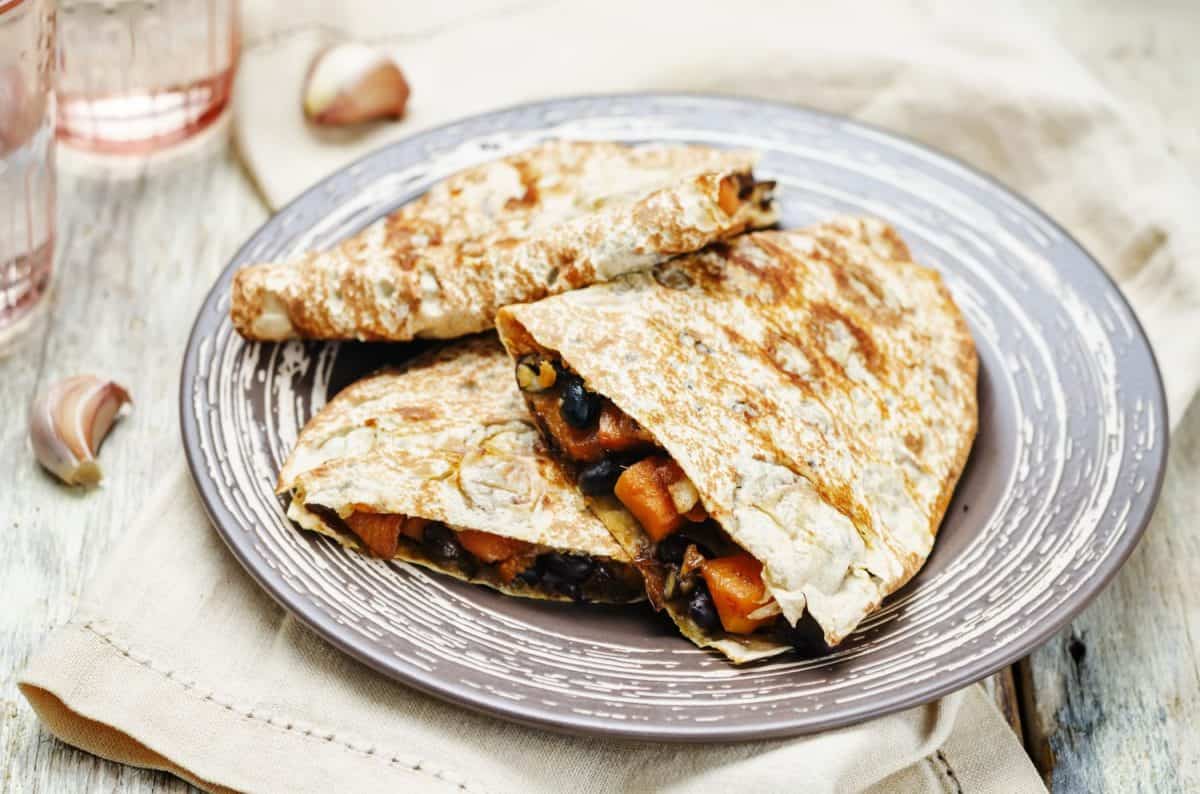 Black beans spiced sweet potato quesadilla. toning. selective focus