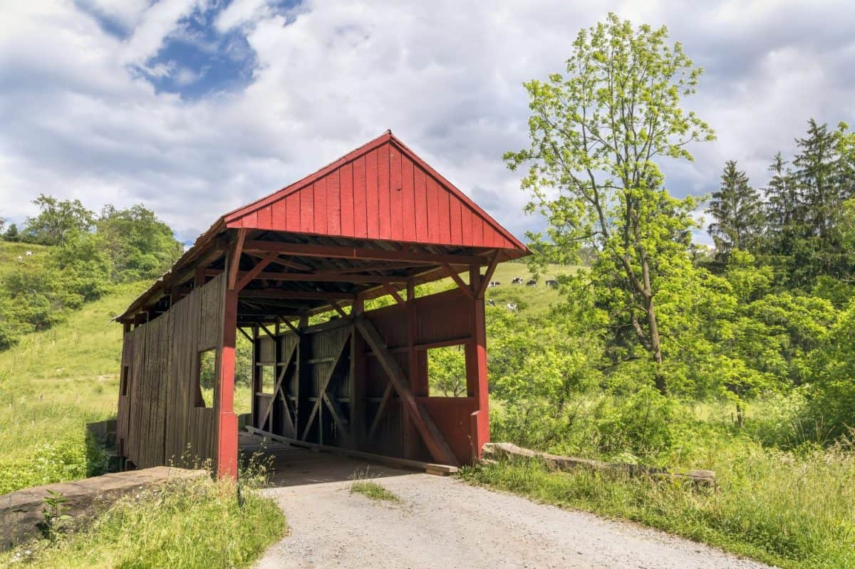 Built in 1887, the red Danley Covered Bridge crosses Robinson Fork, a trbutary of Wheeling Creek, with cows grazing on hillsides near West Finley in rural Washington County, Pennsylvania.