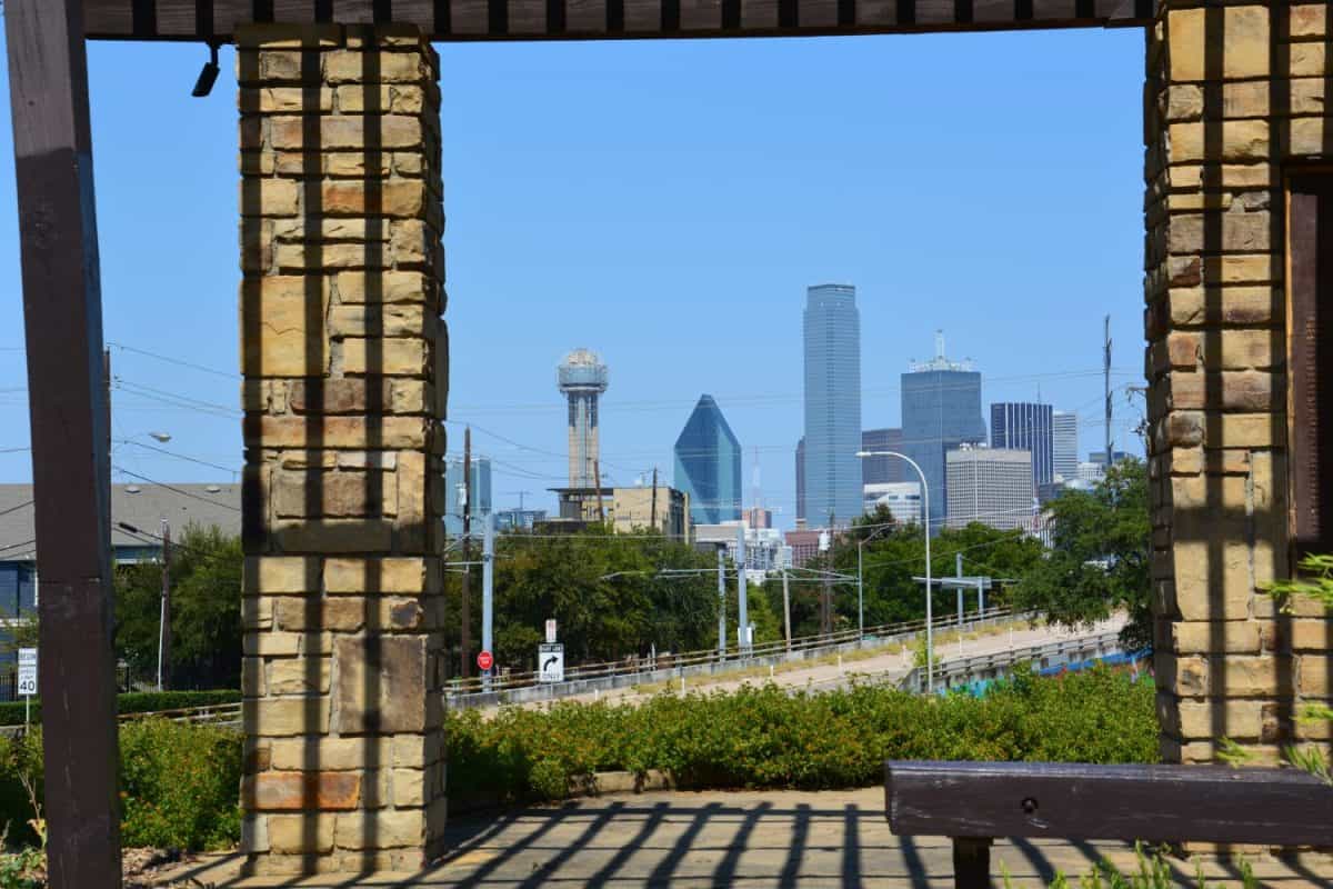 Downtown Dallas is framed by a park gazebo in the southern Oak Cliff neighborhood.