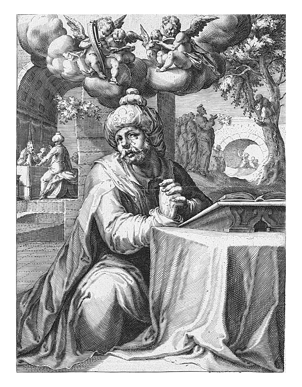 Zacchaeus, on his knees praying before a table with a book on it. In the background two scenes from the life of Zacchaeus, a tax collector: on the right, Christ addresses him while sitting in a tree