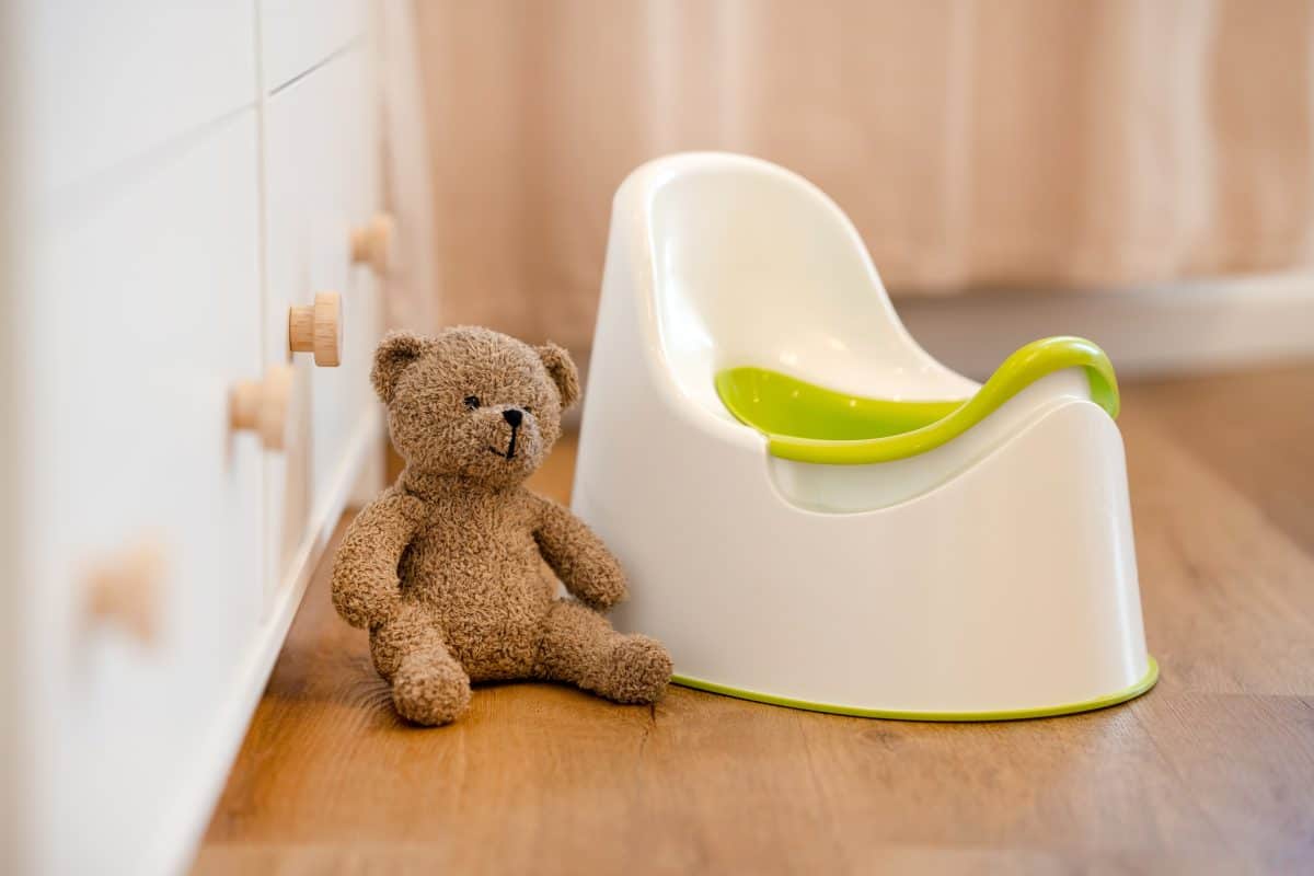 A toy bear sits on a baby potty in a room, the concept of potty training a child