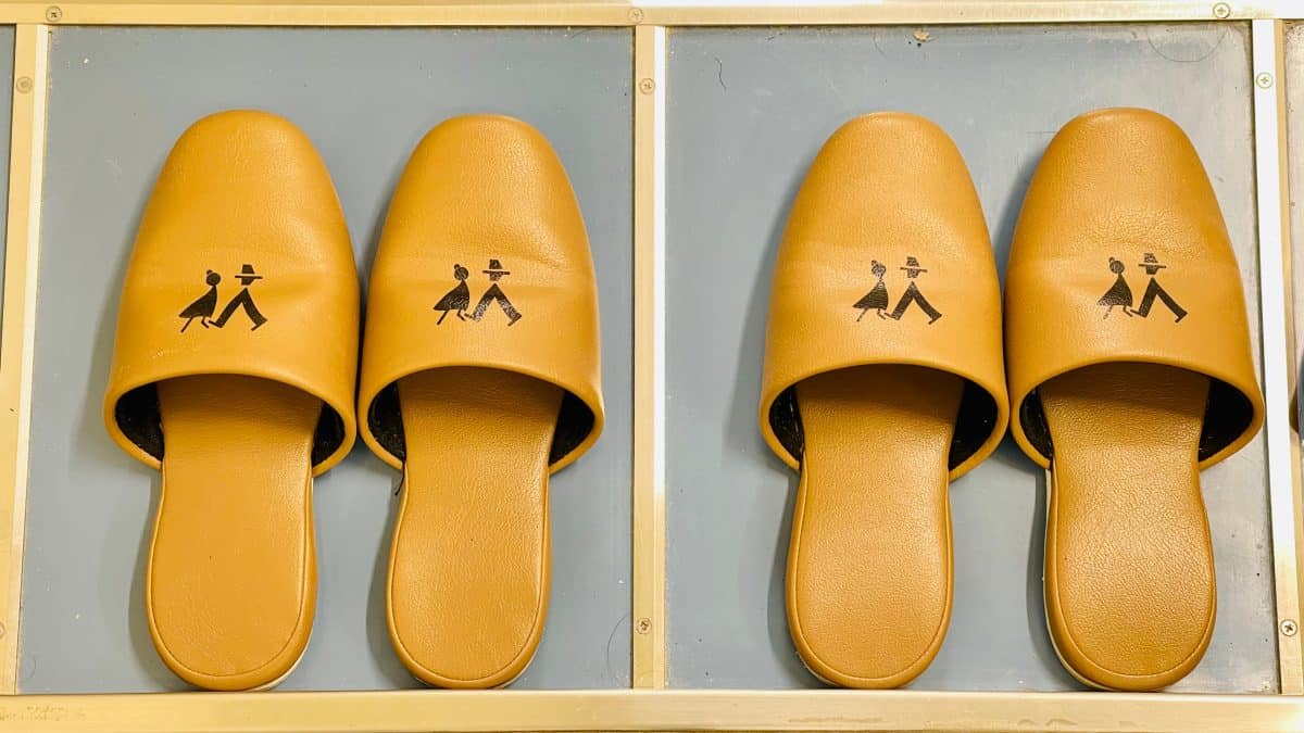 A pair of slippers to be used inside a Japanese toilet room.