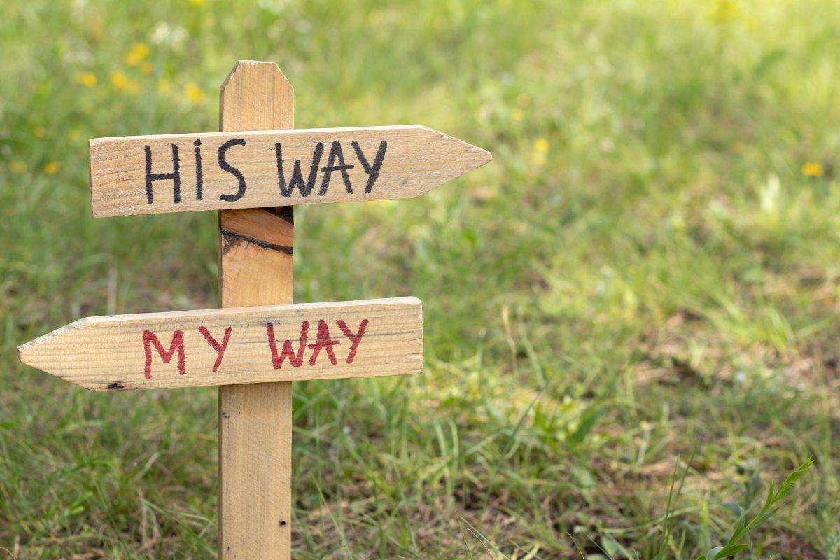 God Jesus Christ's way of life, handwritten text on wooden sign in nature. Christian path, journey, obedience and guidance. Close-up.