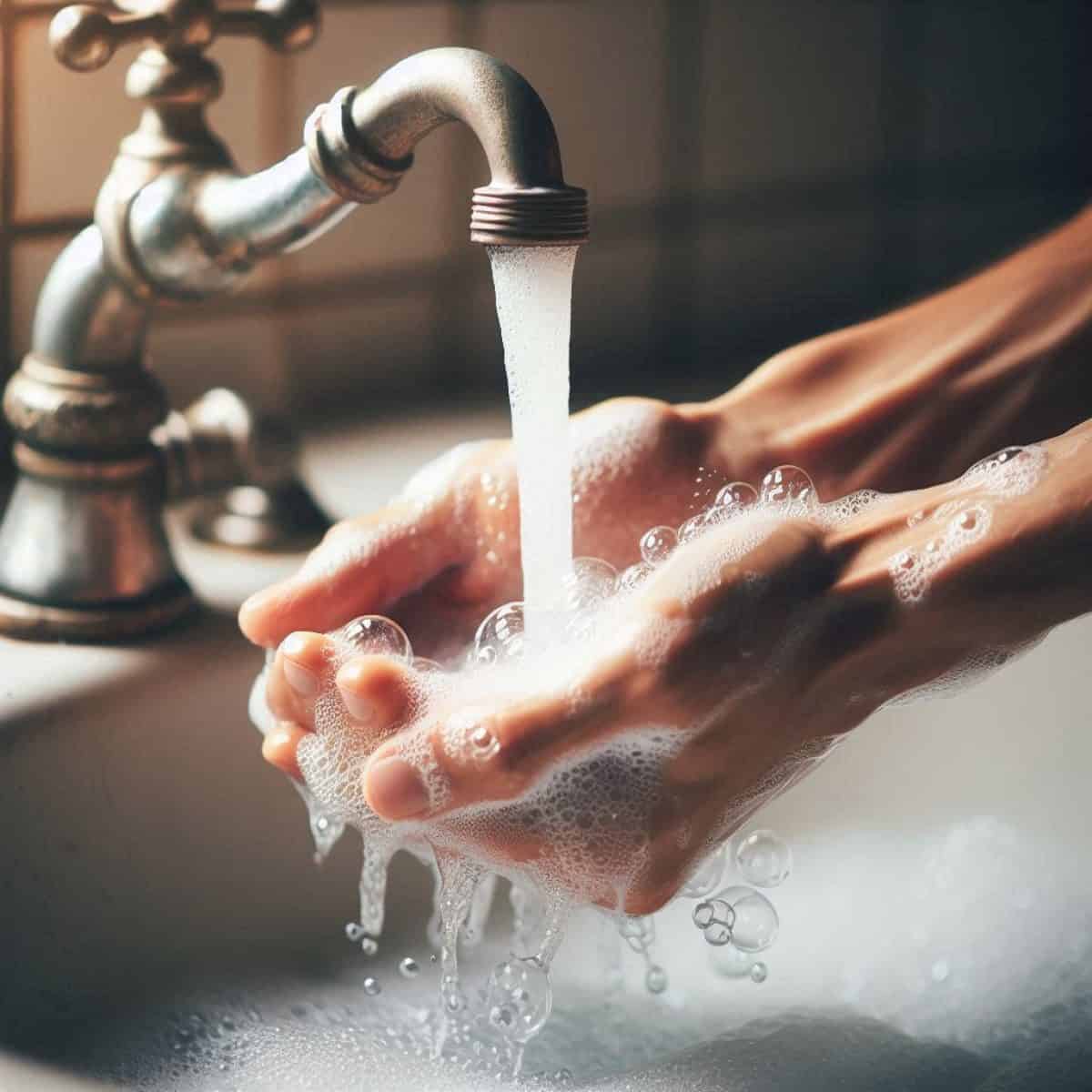 Photo of an Asian man's hands being washed in running water