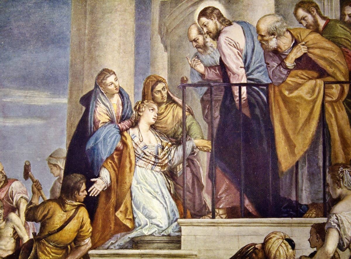 Paolo Veronese "Christ and Woman with Issue of Blood". Reproduction from illustrated Encyclopedia «Art galleries of Europe», Partnership «M. O. Wolf», St. Petersburg - Moscow, Russia , 1901