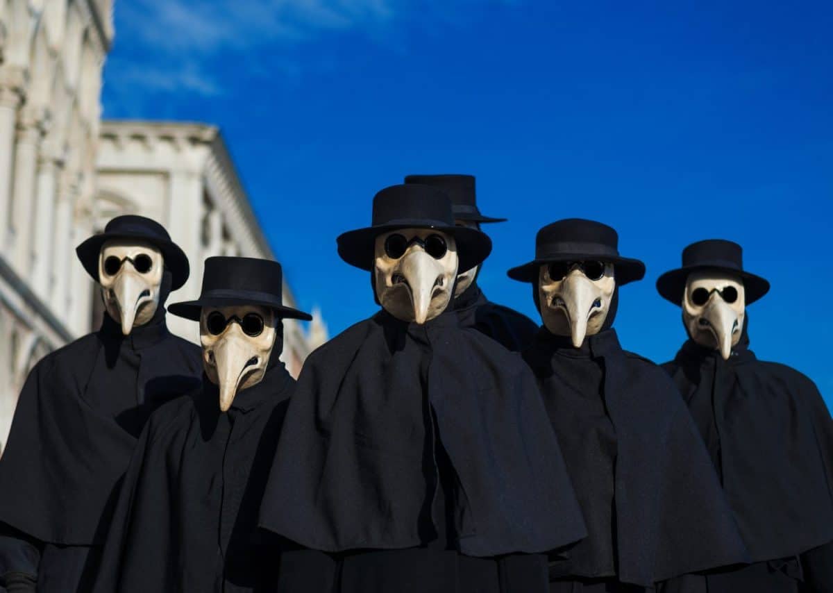 Plague Doctor Masks group, traditional costume invented in the 17th century and historical character of Venice Carnival