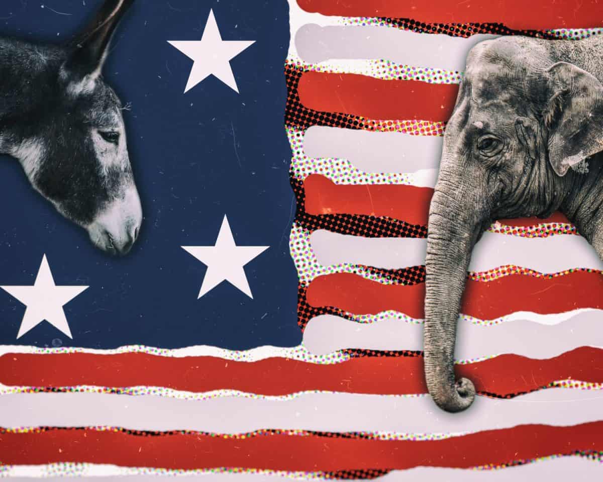 Political animals, a donkey representing democrats and an elephant representing republicans, against an modern art American flag.