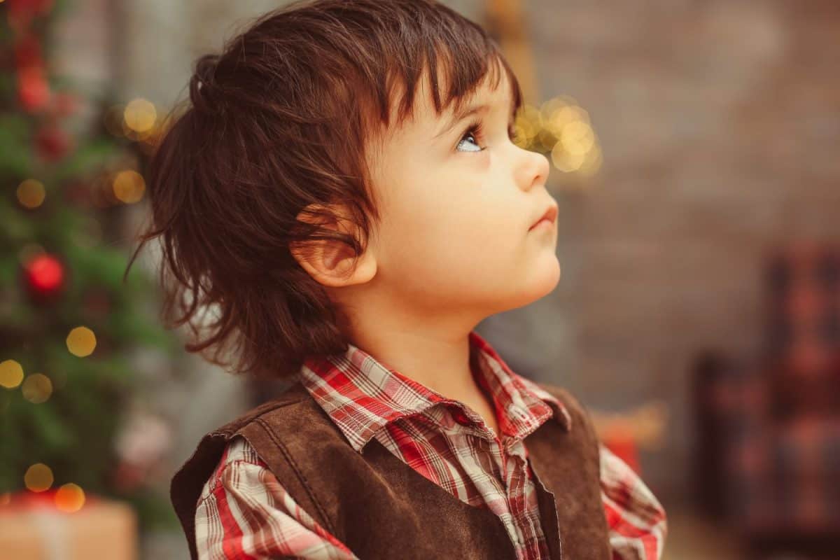 profile close up warm portrait of the face of small boy with dark messy hair, long eyelashes, sweet beautiful face, dark big eyes, looking up, checked collar shirt, blurred background