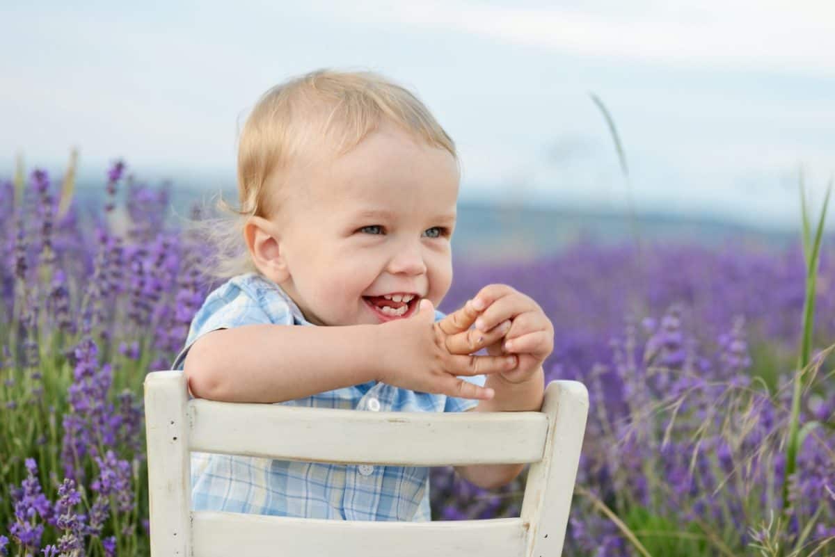 happy baby boy sitting on the chair in field