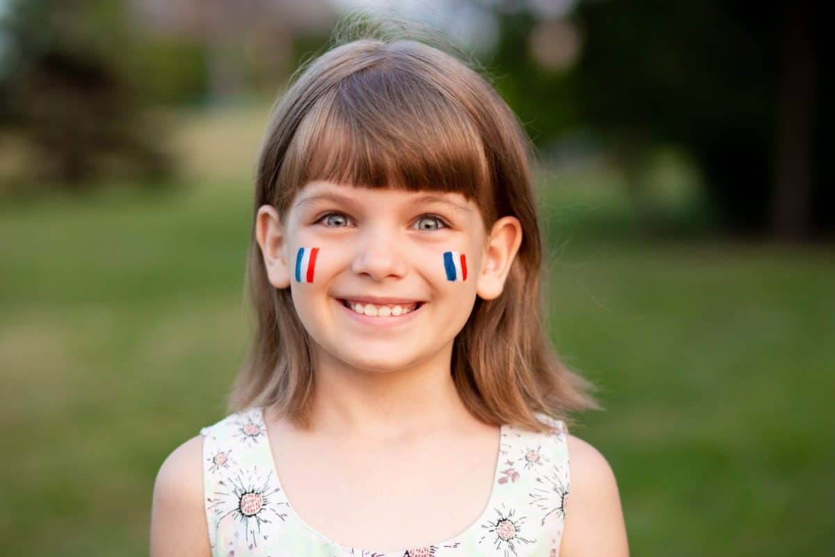 Outdoor portrait of little caucasian kid girl with cheeks painted in France flag colors and looking into camera and smile. Young painter. Modern Art.