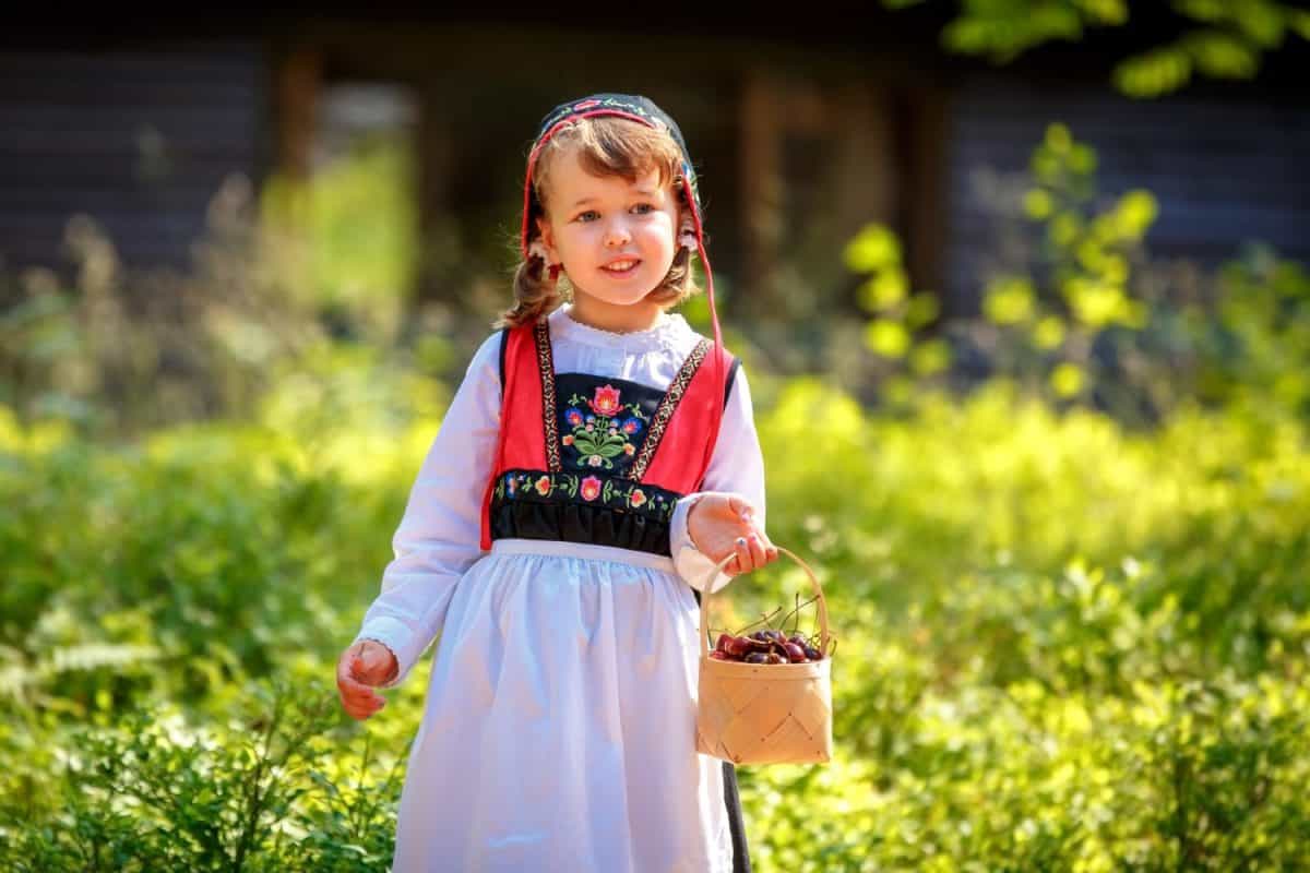 Adorable little girl in Swedish traditional clothes holding basket with cherries during Midsommar festival celebration