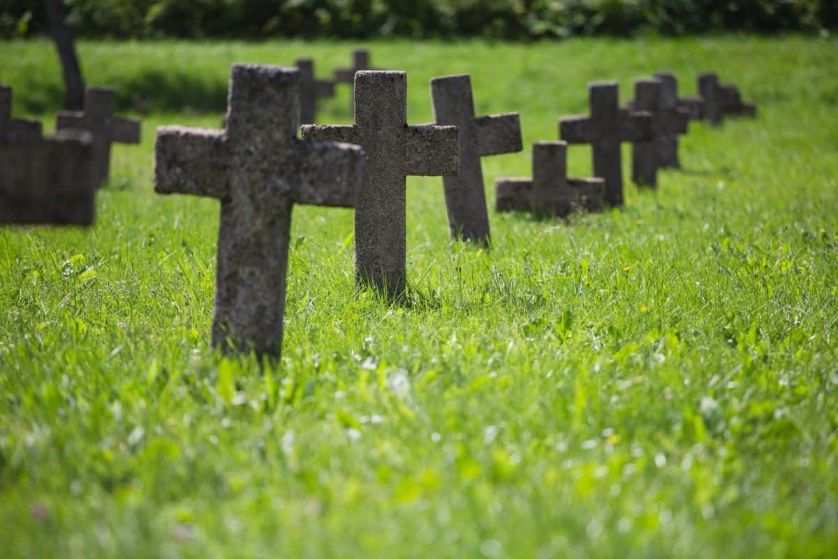 Abandoned forgotten cemetery of German soldiers of the first world war - stone crosses and tombstones