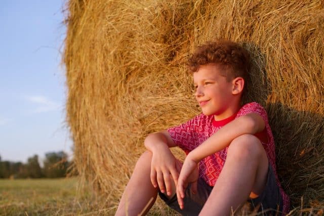 Portrait of a curly-haired smiling boy in a red T-shirt with an ornament sitting near a bale of straw and looking at the sunset in the summer in the field