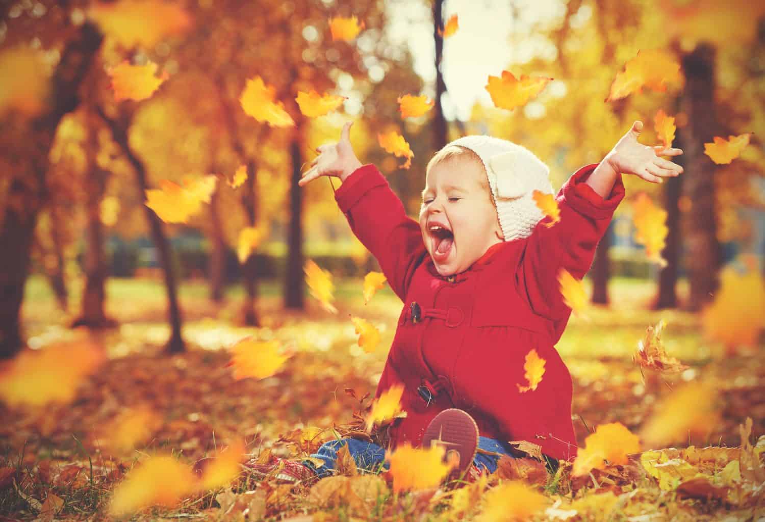 happy little child, baby girl laughing and playing in the autumn on the nature walk outdoors