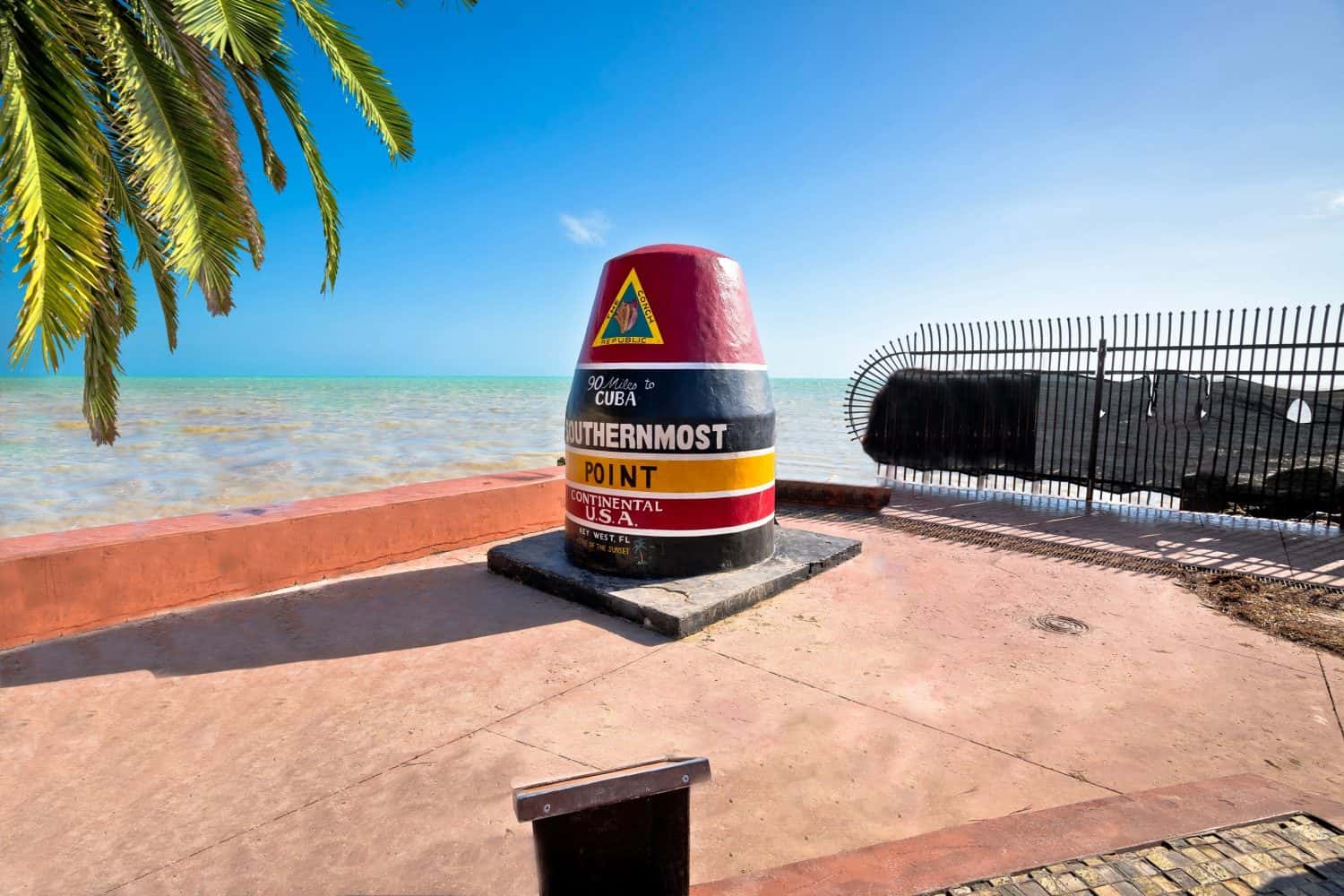 The Key West marker the southernmost point on the continental USA and distance to Cuba, Florida, USA.