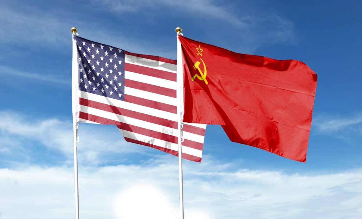 cold war. Flag of the Soviet Union (1922-1991). American Flag (50 stars). For basemap or background use. double exposure hologram