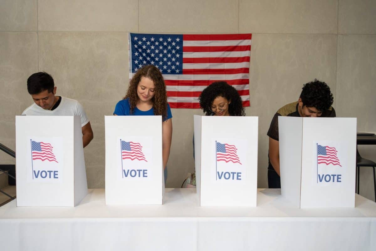 us election, diverse group of people voting, america usa voting station booth, concept of choice in democracy