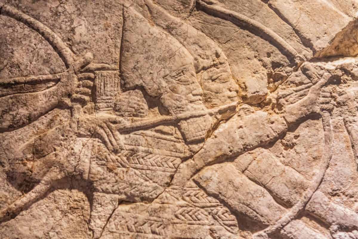 Assyriam relief. Arches in a battle. Niniveh ruins. Mesopotamia, Iraq