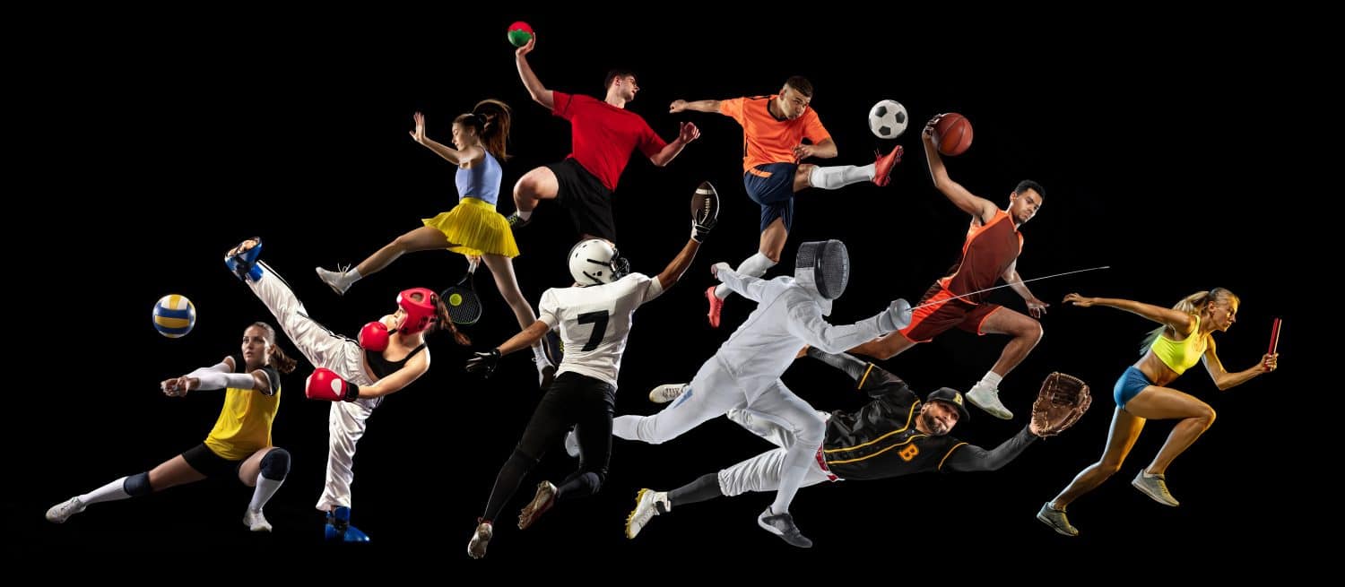 Creative set, collage with different athletes, man and woman practicing various spot isolated on black background. Banner. Concept of professional sport, competition, tournament, achievements