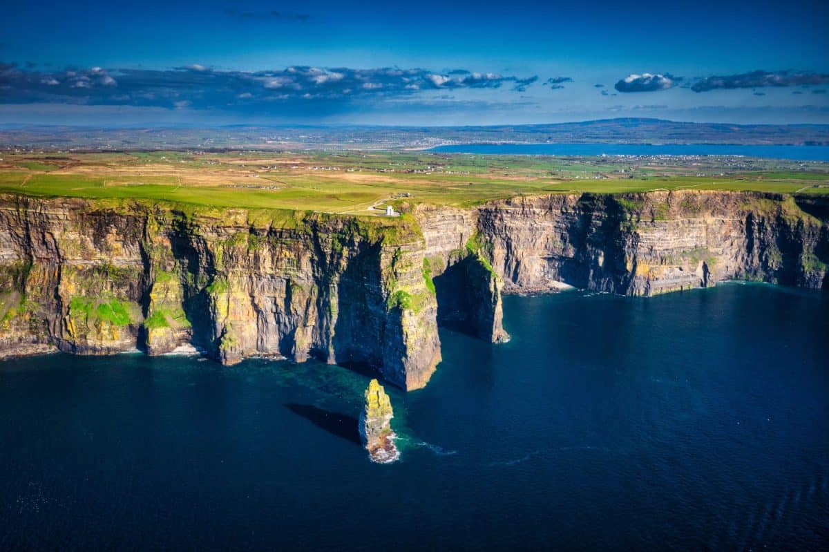 Aerial landscape with the Cliffs of Moher in County Clare, Ireland.