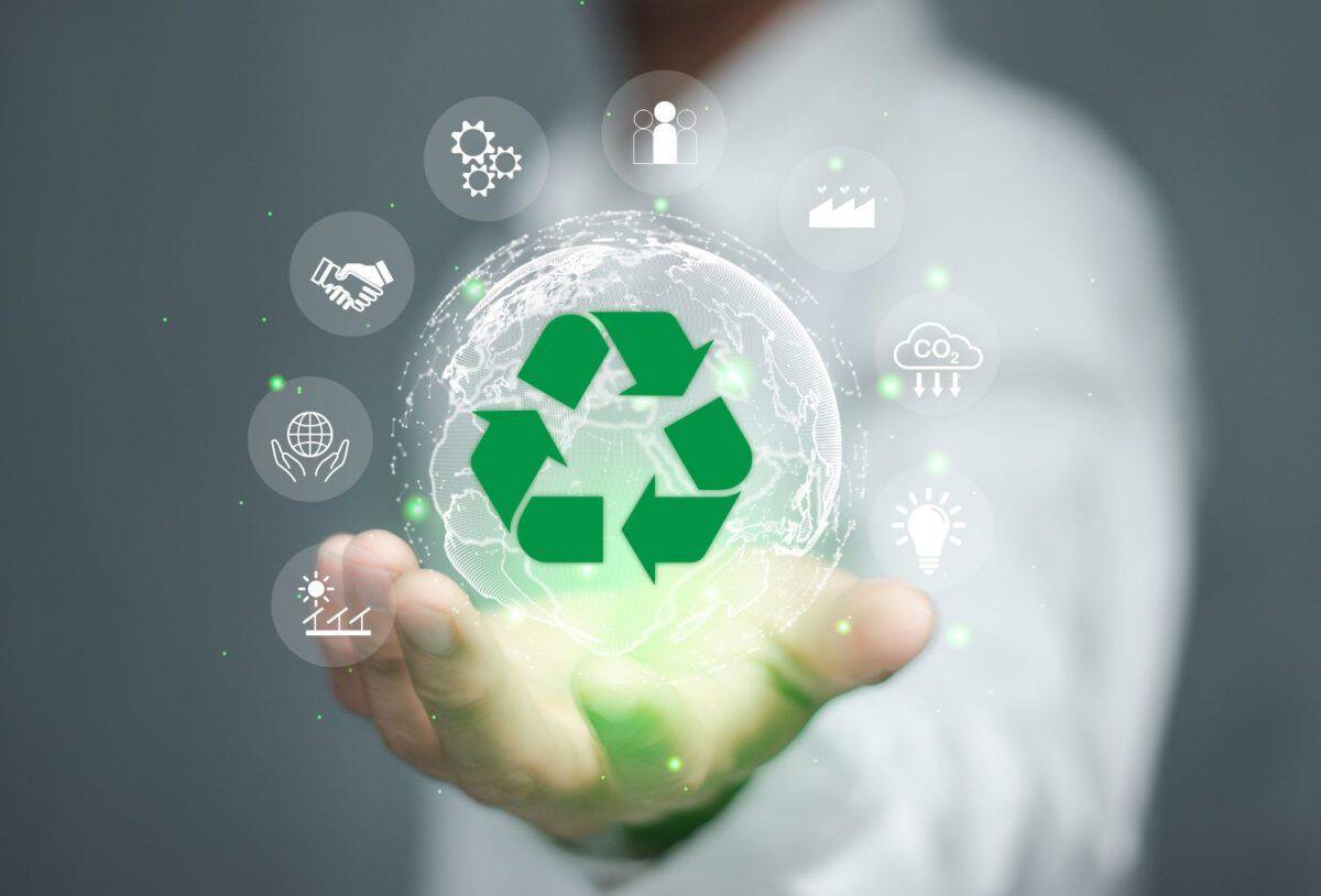 Recycling icon, Sustainable Development Concept.Man present glowing recycling, surrounded by various sustainability symbol, representing concepts of eco-friendly practices and sustainable developmentChinese Household Routines That Confuse Americans