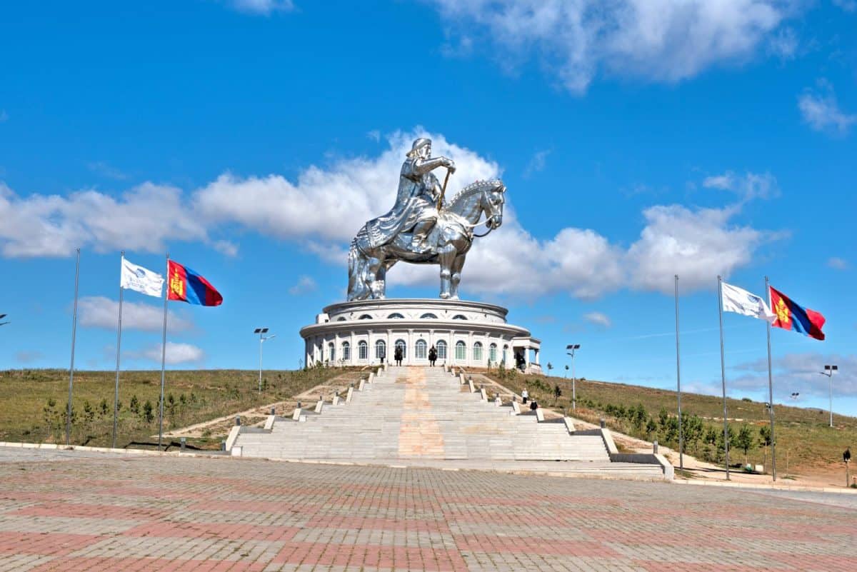 An equestrian statue of Genghis Khan, the largest in the world, in the Mongolian steppe near the capital Ulan Bator, Central Asia