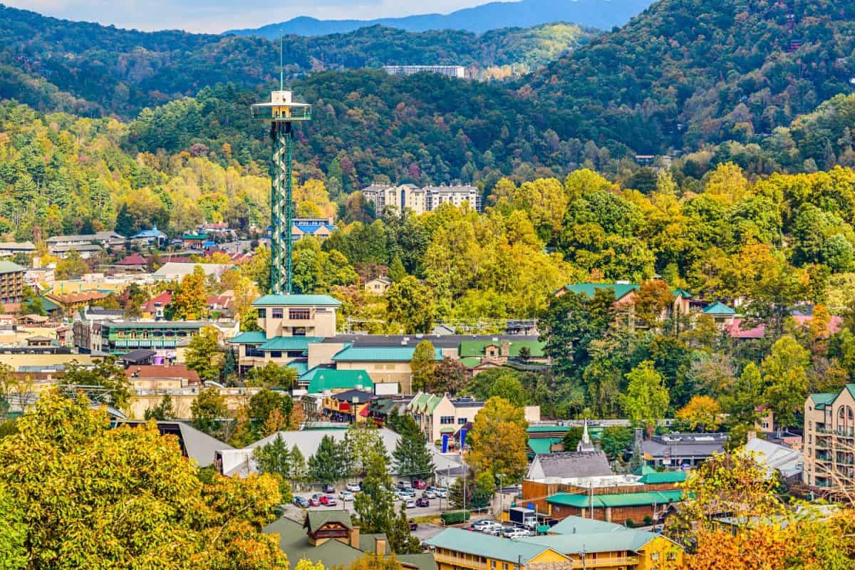 Gatlinburg, Tennessee, USA townscape in the Smoky Mountains.