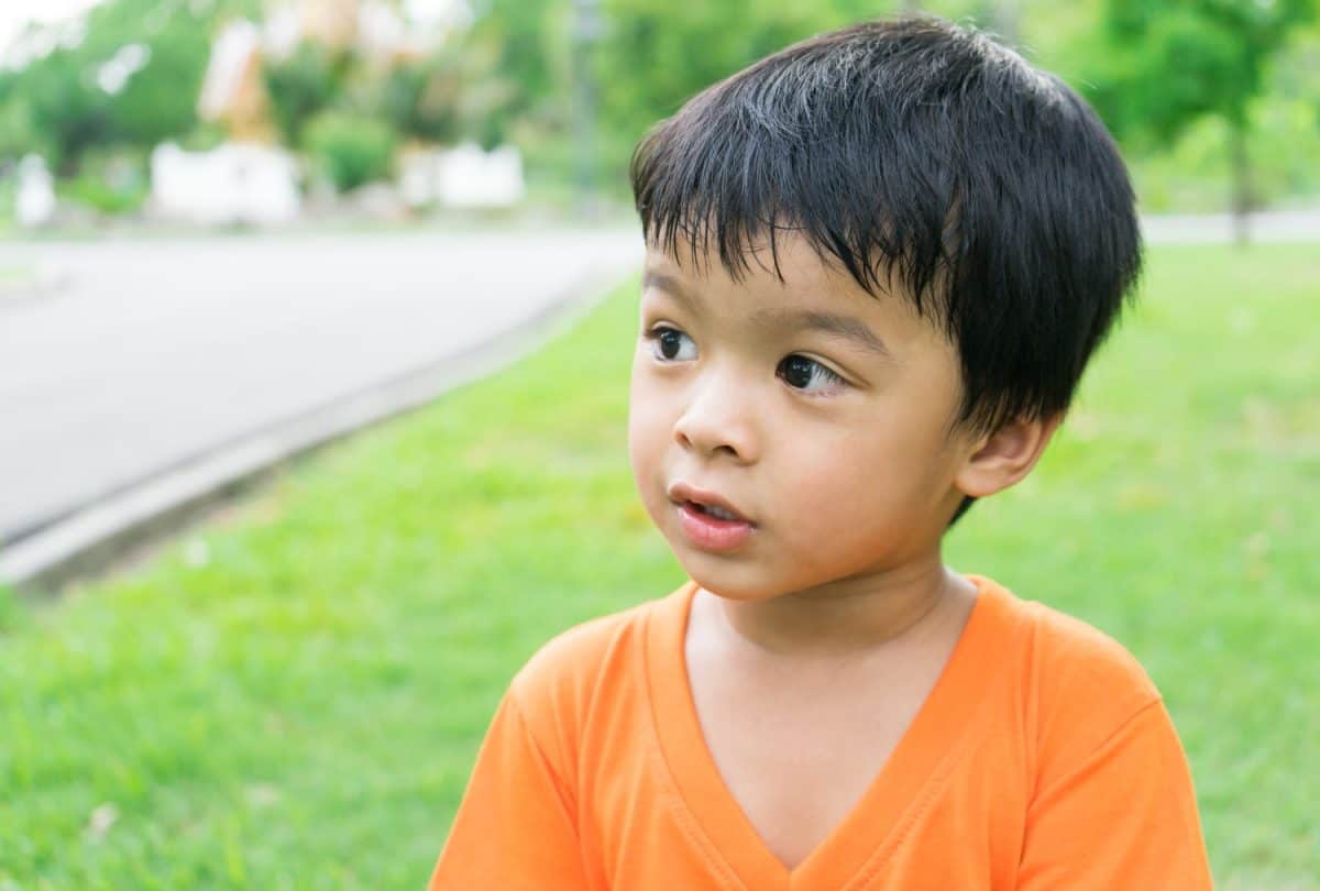 Little Boy in a park or garden among trees