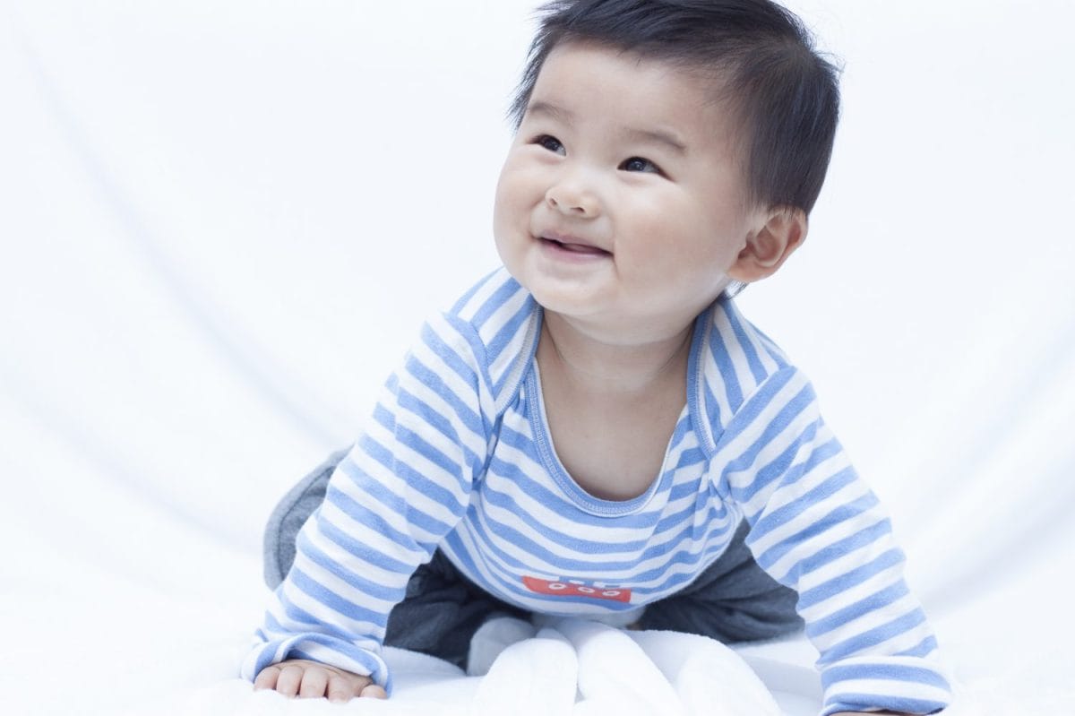 Cute Chinese baby boy in sailor suit, shot in Beijing, China