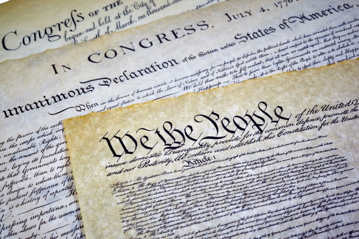 Close up of Constitution of the United States of America with the Declaration of Independence and Bill of Rights