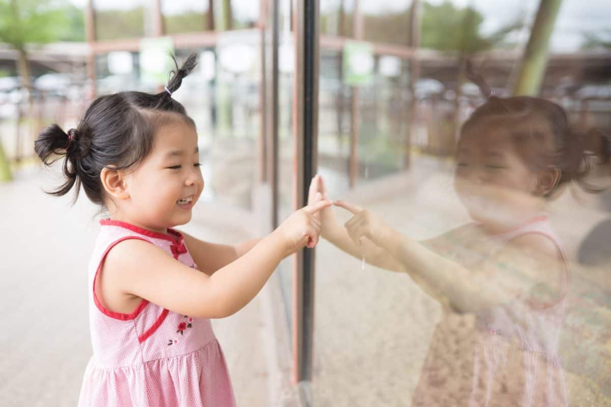 Little asian girl watching animals at the zoo on sunny summer day.Wildlife experience for kids at animal safari park.