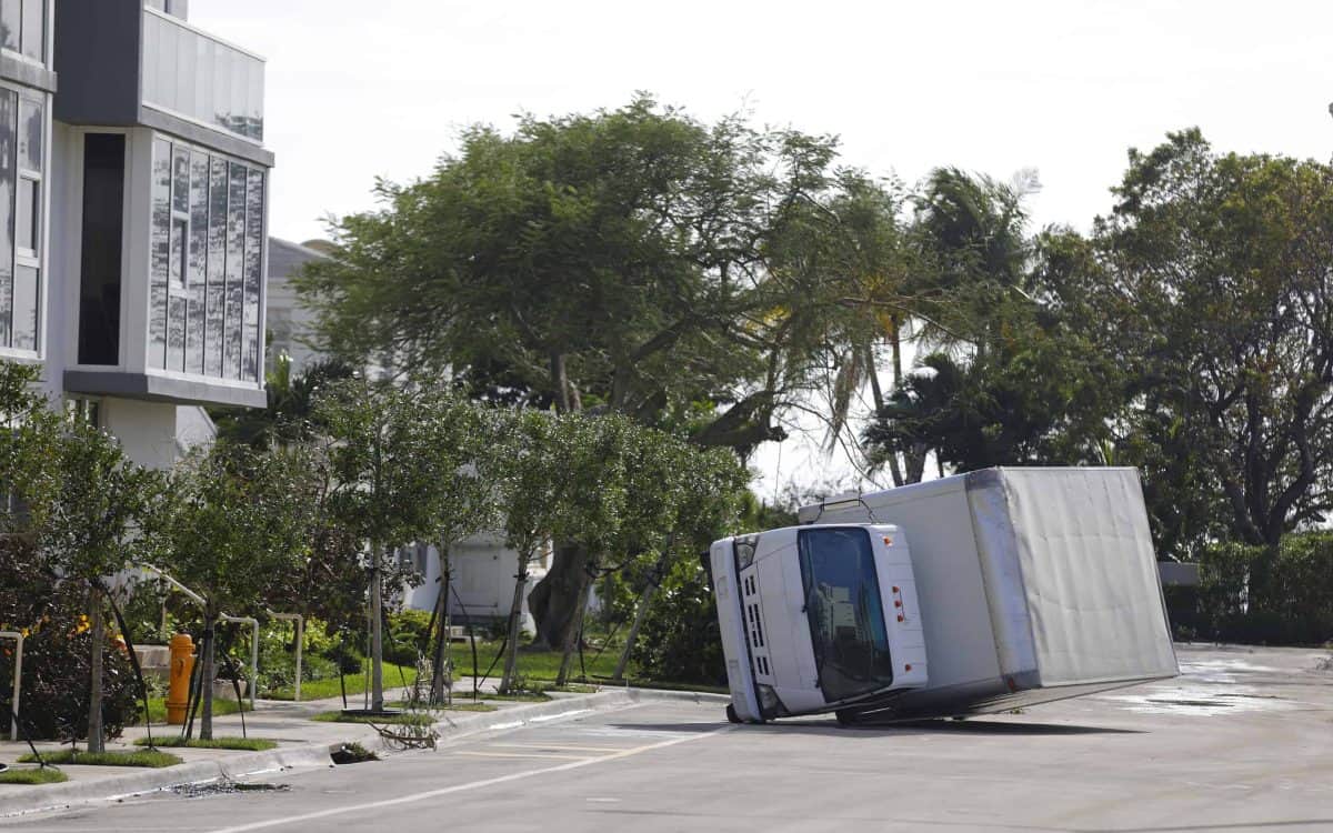 Truck flipped over from hurricane wind Irma Miami