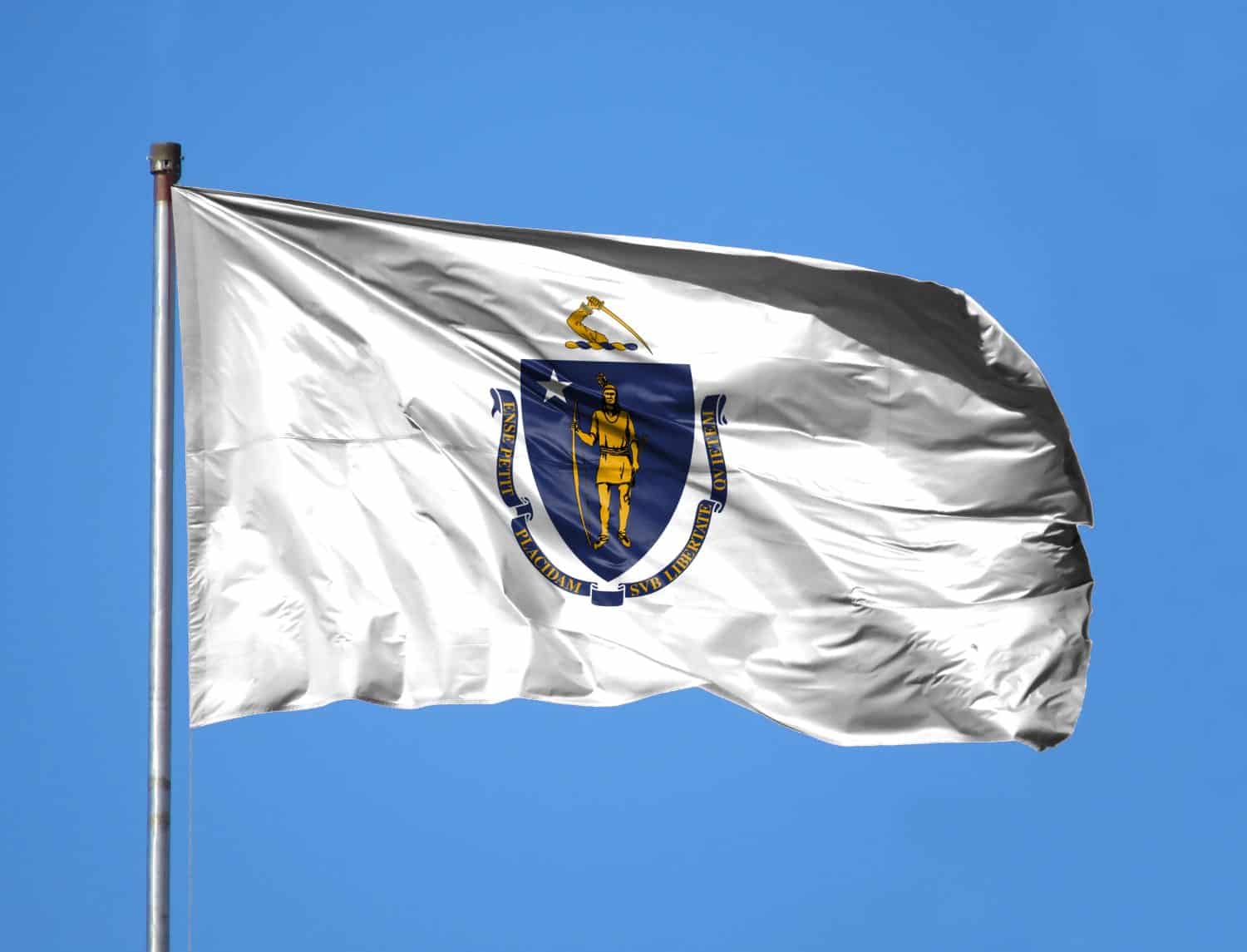 A White Flag Containing a Blue Shield and a Symbol of Peace