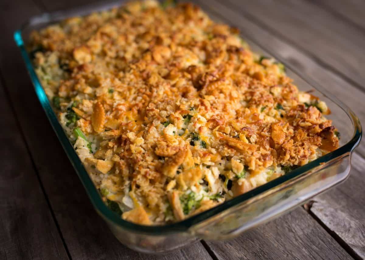 Turkey casserole with broccoli, rice and crumbled crackers