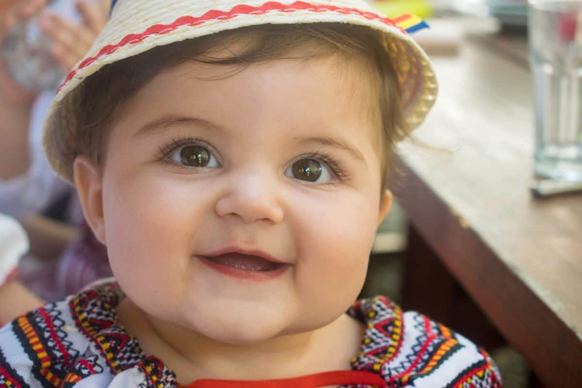 Close up of cute Romanian infant baby girl smiling and looking at camera