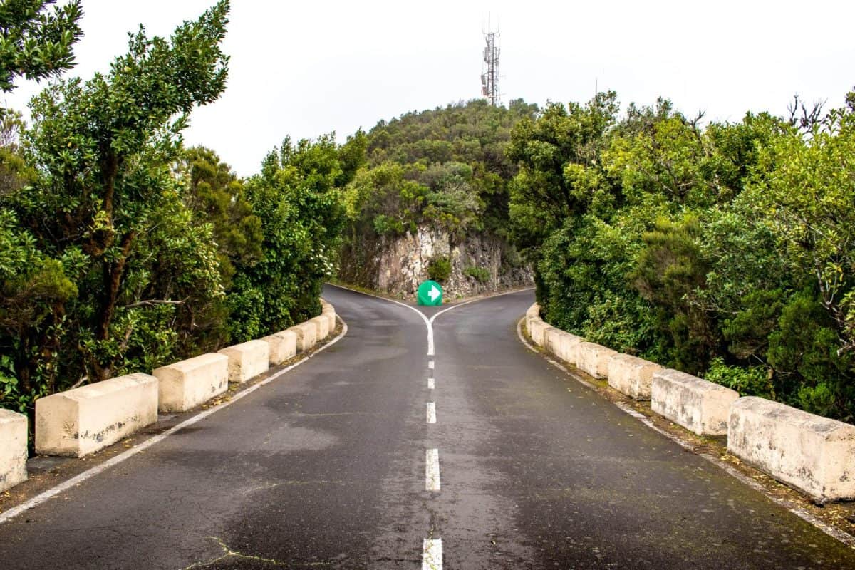 A forked or Y-intersection or junction where you have to turn right.