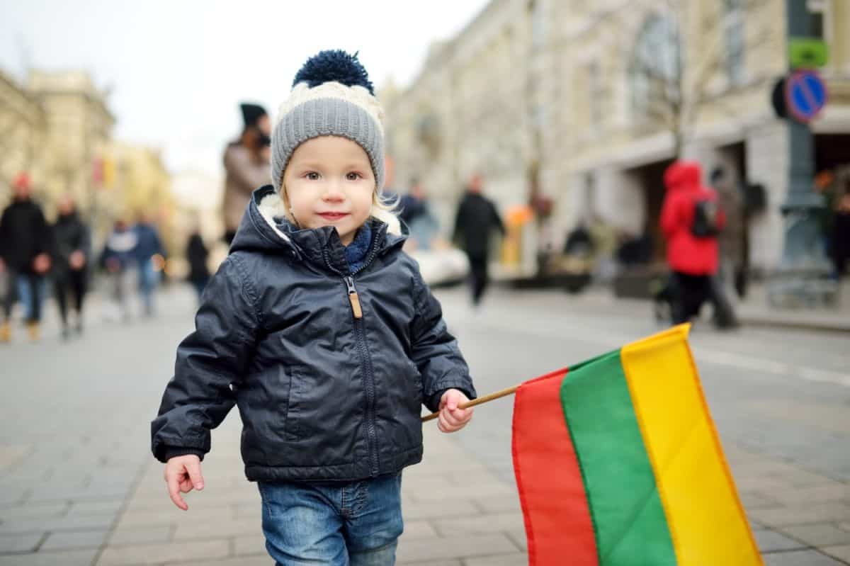 Adorable toddler boy celebrating Lithuanian Independence Day holding tricolor Lithuanian flag in Vilnius, Lithuania