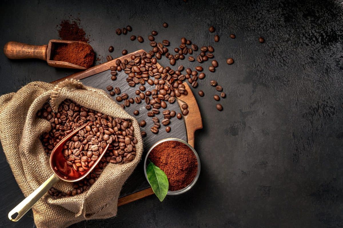 Scoop of coffee beans in a bag on dark board. Top view of ground coffee in a cup and instant coffee in a wooden cup. Place for text.