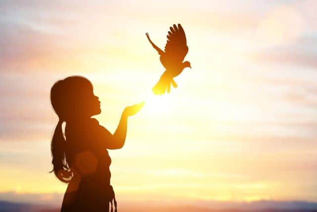 silhouette of bird flying out of Girl child hand on beautiful background.freedom concept ,International Working Women's Day