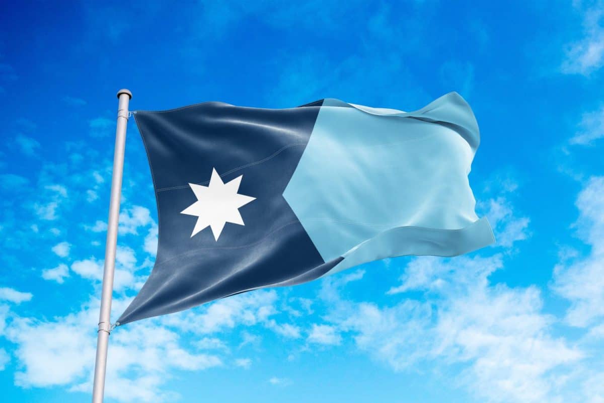 Minnesota flag waving in the wind, blue sky background