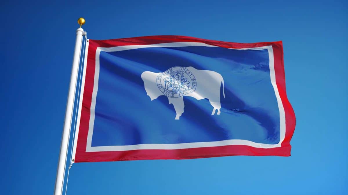 Wyoming (U.S. state) flag waving against clear blue sky, close up, isolated with clipping path mask alpha channel transparency, perfect for film, news, composition