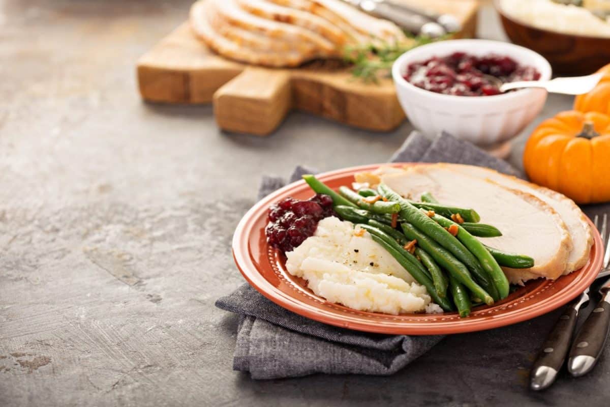 Thanksgiving plate with turkey, mashed potatoes, green beans and cranberry sauce with copy space