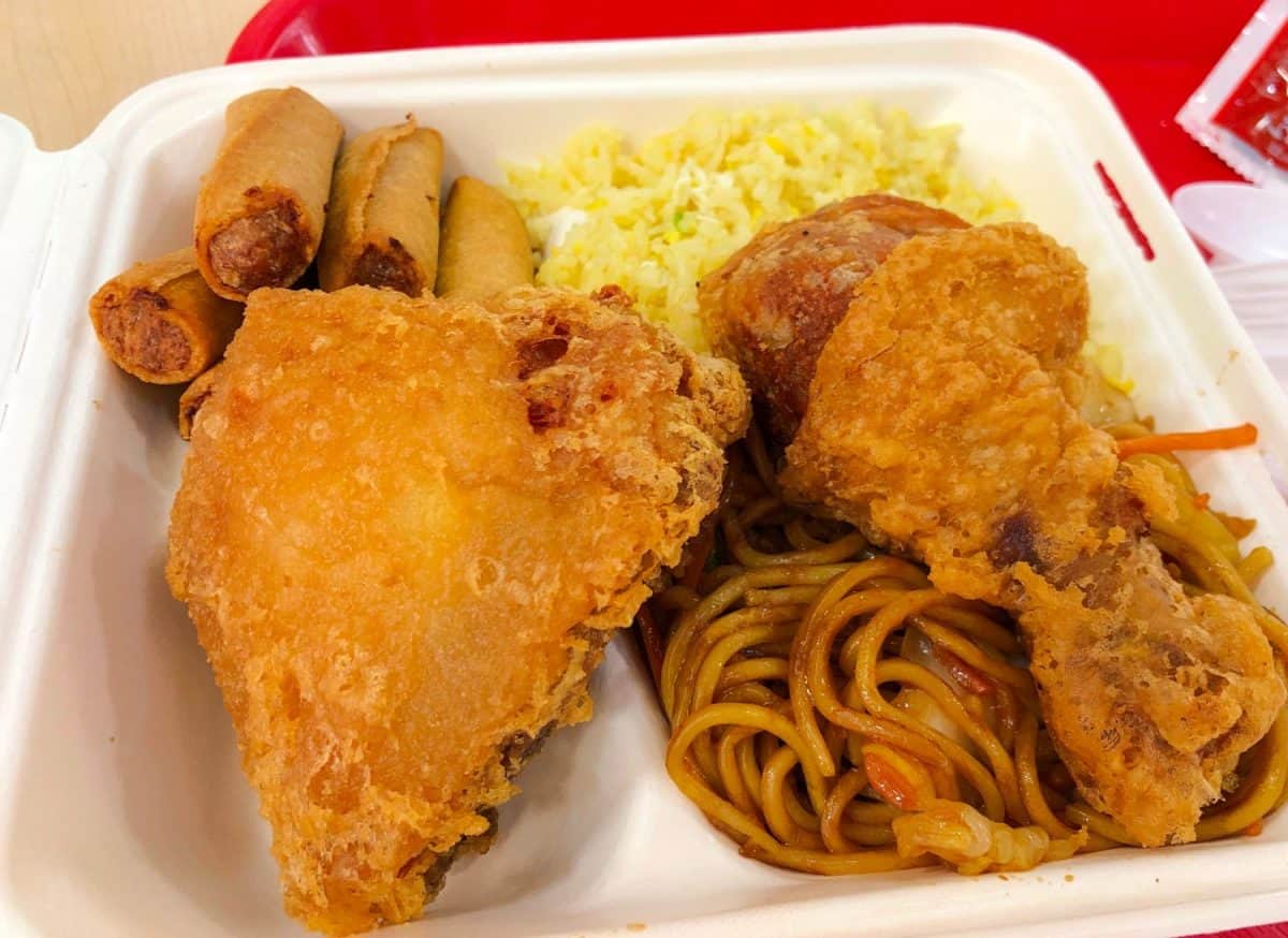 Fried chicken value meal set with spring rolls, fried rice and spaghetti.