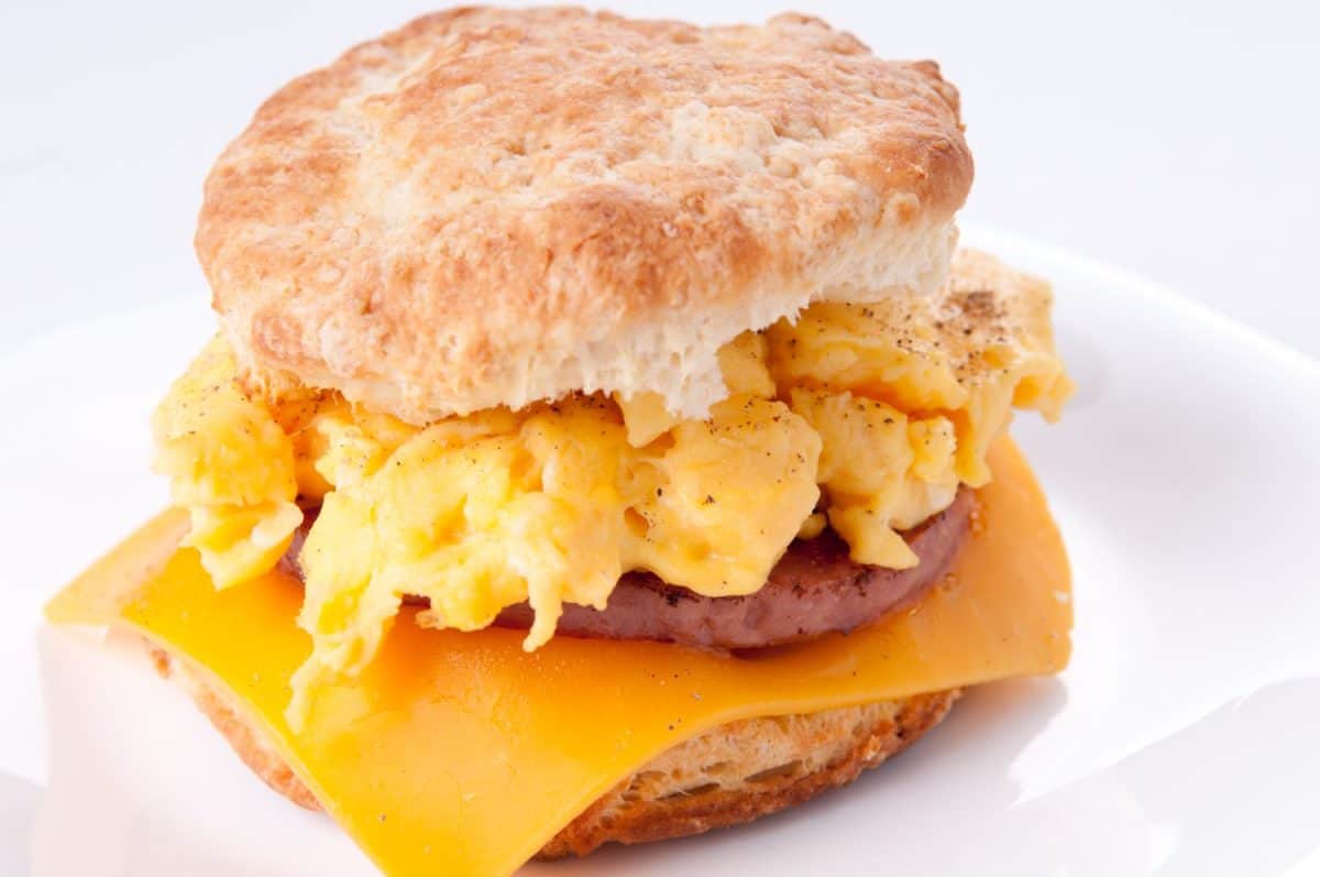 hearty egg, sausage, cheese sandwich on a homemade buttermilk biscuit