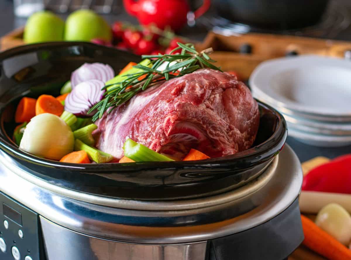 raw and uncooked Roast pork with root vegetables in a slow cooker. The Instant Pot Was My Kitchen Hero, But These 16 Appliances Are Superior