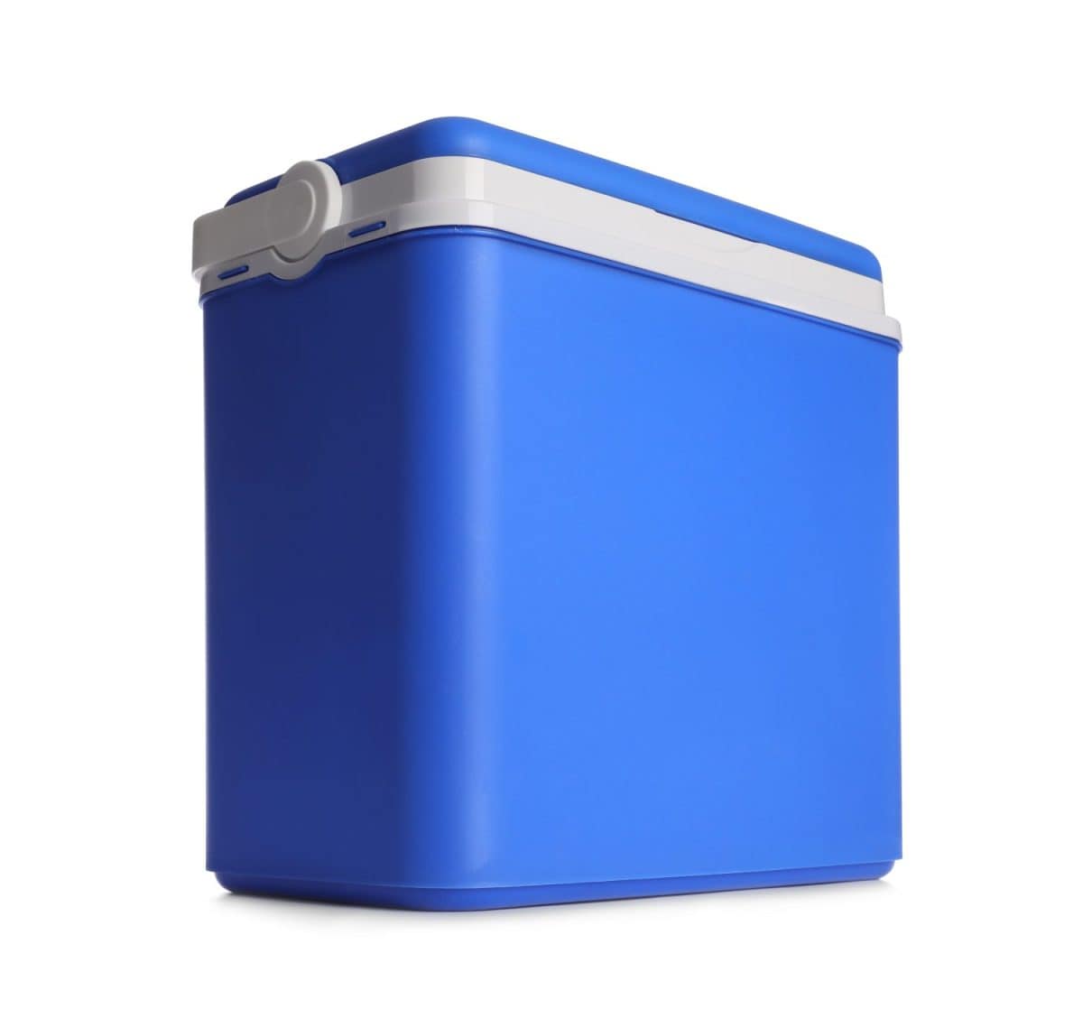 Closed blue plastic cool box isolated on white, low angle view. 8 Coolers That Are Cheaper and Just as Good as a Yeti