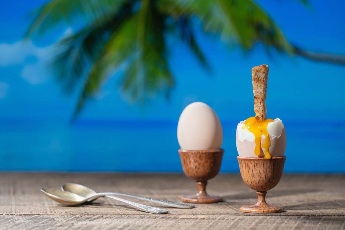 Soft boiled egg in eggcup with slice of toasted toast on wooden table with sea water, coconut palm tree and blue sky background on sunny summer day in tropical beach cafe, close up. I Used to Think McDonald's Breakfast Was the Best, But These 8 Are Superior