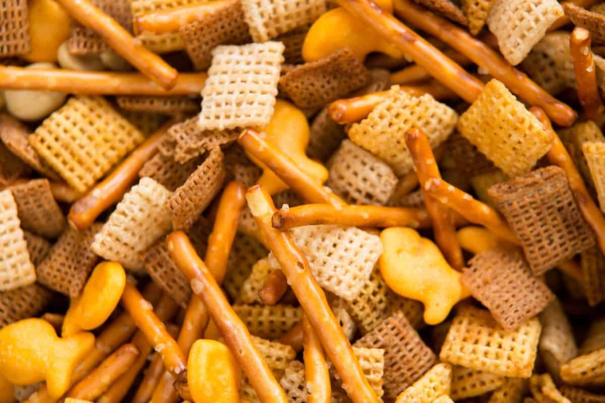 Holiday Party Food Mix - This is a close up shot of a Chex party mix containing cereal, crackers and pretzels.