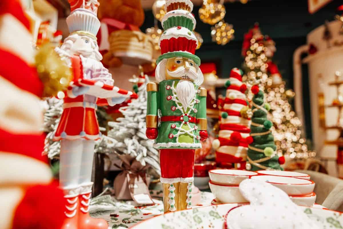 Colorful Christmas nutcracker toys at traditional Christmas market. Nutcracker figurines and Christmas decorations